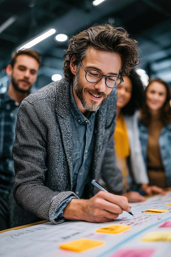 Travail collectif et émergence des enjeux organisationnels Dirigeant animant un travail collectif favorisant l’intelligence collective dans un accompagnement en coaching d’organisation