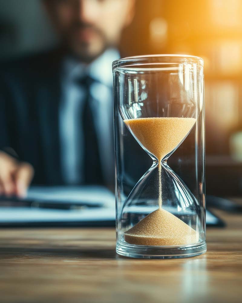 Transmission d’entreprise familiale — le temps de la préparation (5 à 10 ans) Sablier sur le bureau d’un dirigeant, symbolisant le temps de préparation de la transmission d’entreprise familiale